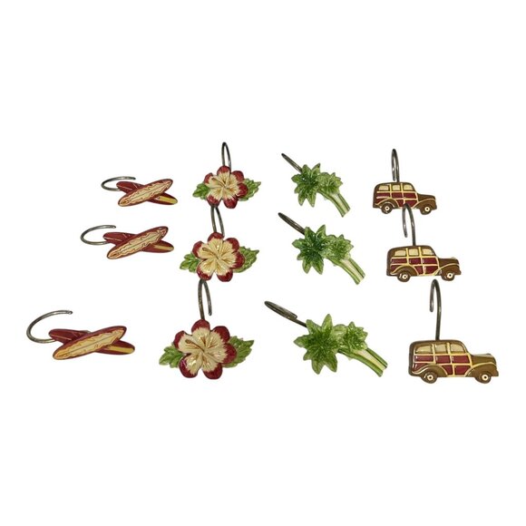 Tropical Shower Curtain Hooks – Surfboards, Hibiscus Flowers, Palm Trees, Woodie - Picture 1 of 4